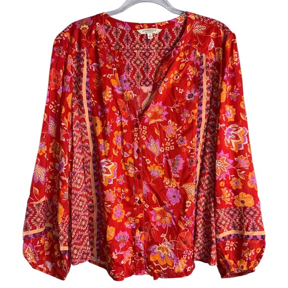 Liverpool Tops - Liverpool Womens 3X Blouse Orange Red Floral Blouson Sleeve Button Front NWT $98